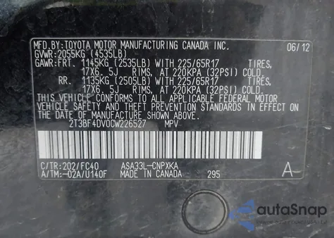 2012 Toyota Rav4 z USA, uszkodzony, nr VIN 2T3BF4DV0CW226527